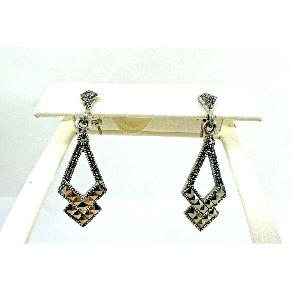 925 Silver Gunmetal Hematite Diamond-shaped Dangle Earrings Victorian-style